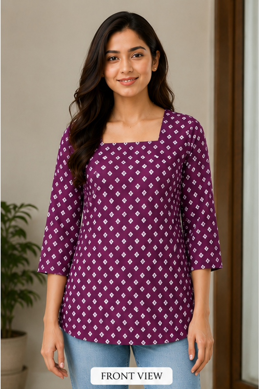 Purple Cotton Printed Square Neck Short Kurti for Women