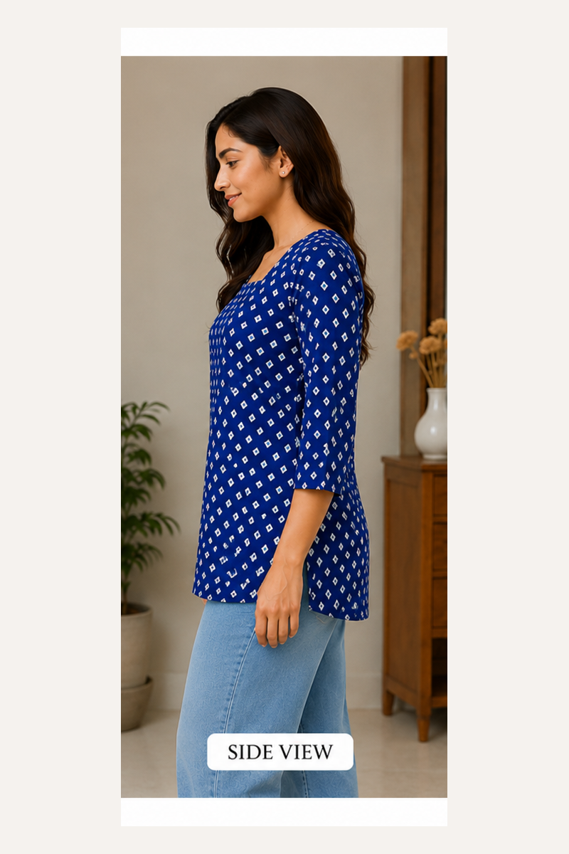 Blue Cotton Printed Square Neck Short Kurti for Women