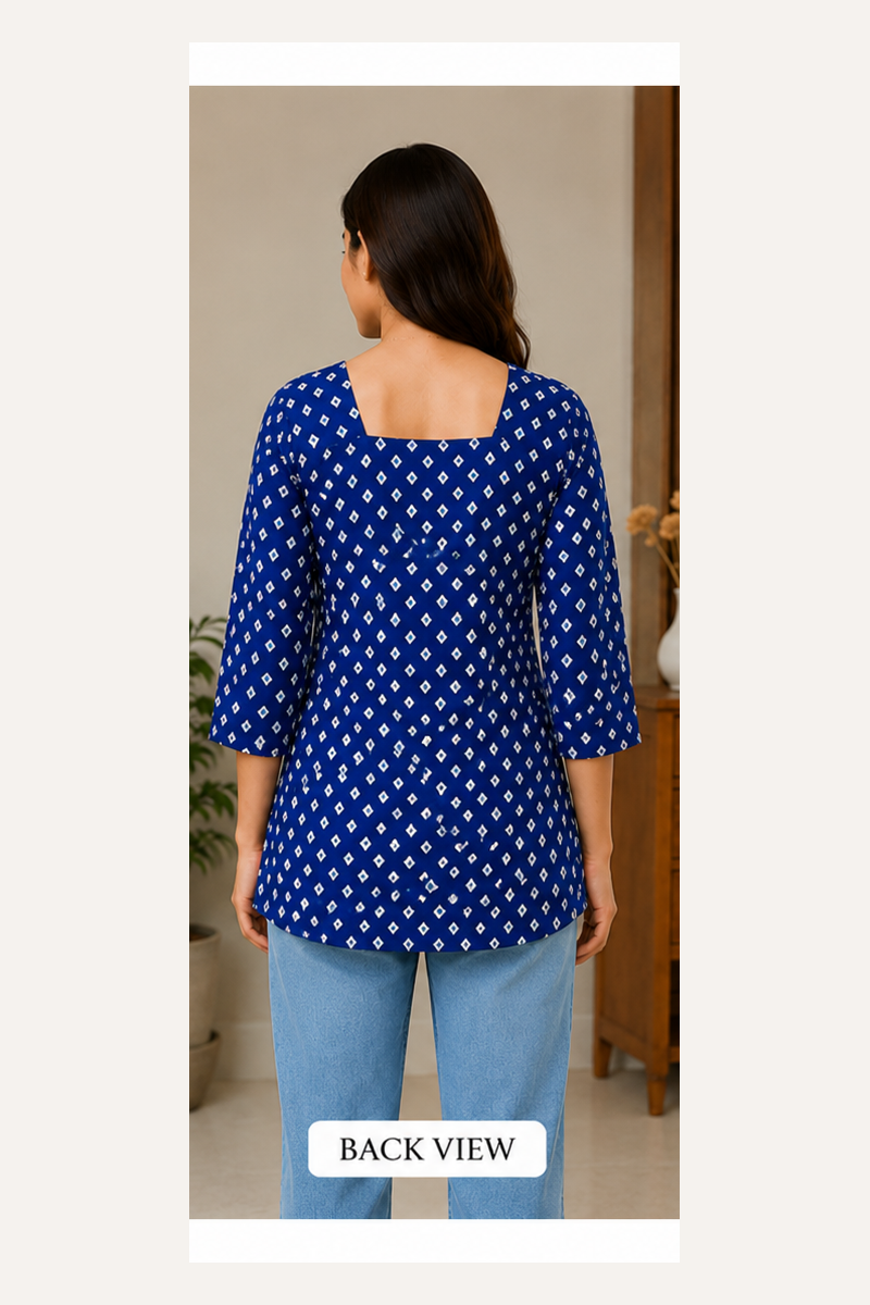 Blue Cotton Printed Square Neck Short Kurti for Women
