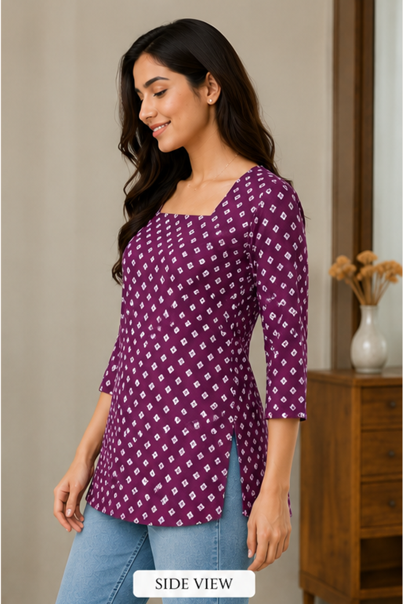 Purple Cotton Printed Square Neck Short Kurti for Women