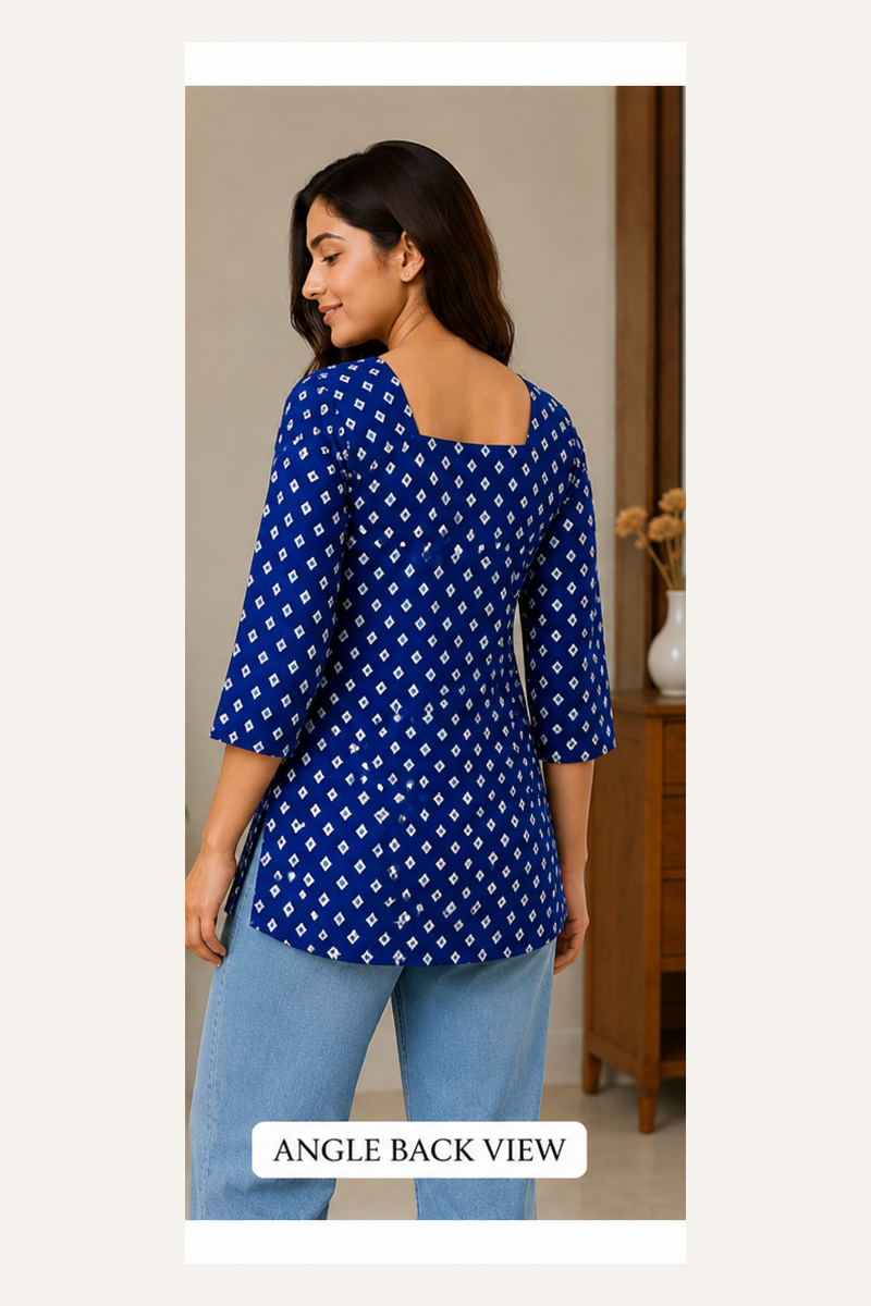 Blue Cotton Printed Square Neck Short Kurti for Women