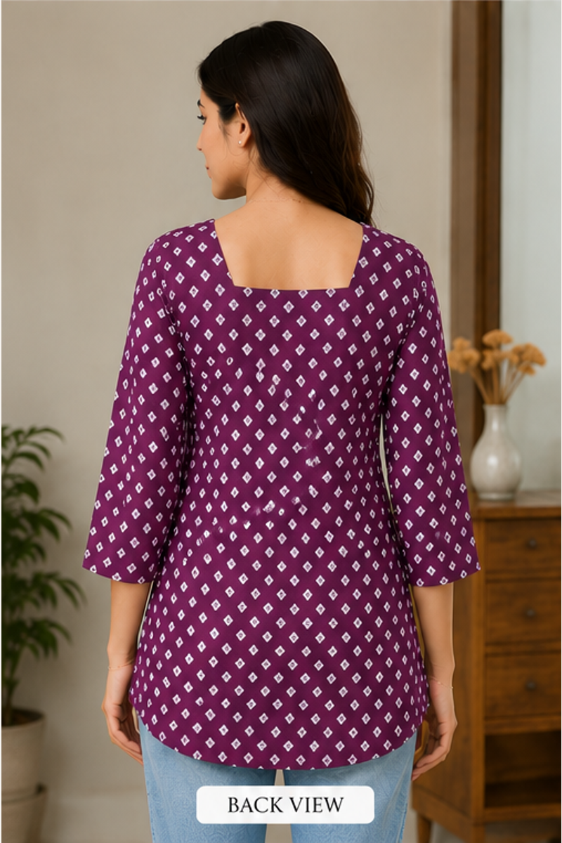 Purple Cotton Printed Square Neck Short Kurti for Women
