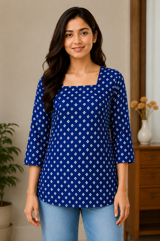 Blue Cotton Printed Square Neck Short Kurti for Women