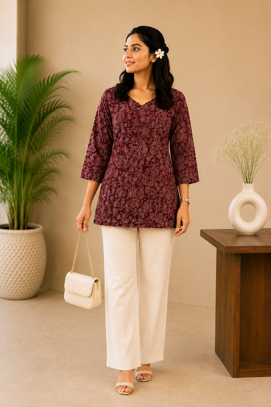 Maroon Printed V-Neck Short Kurti