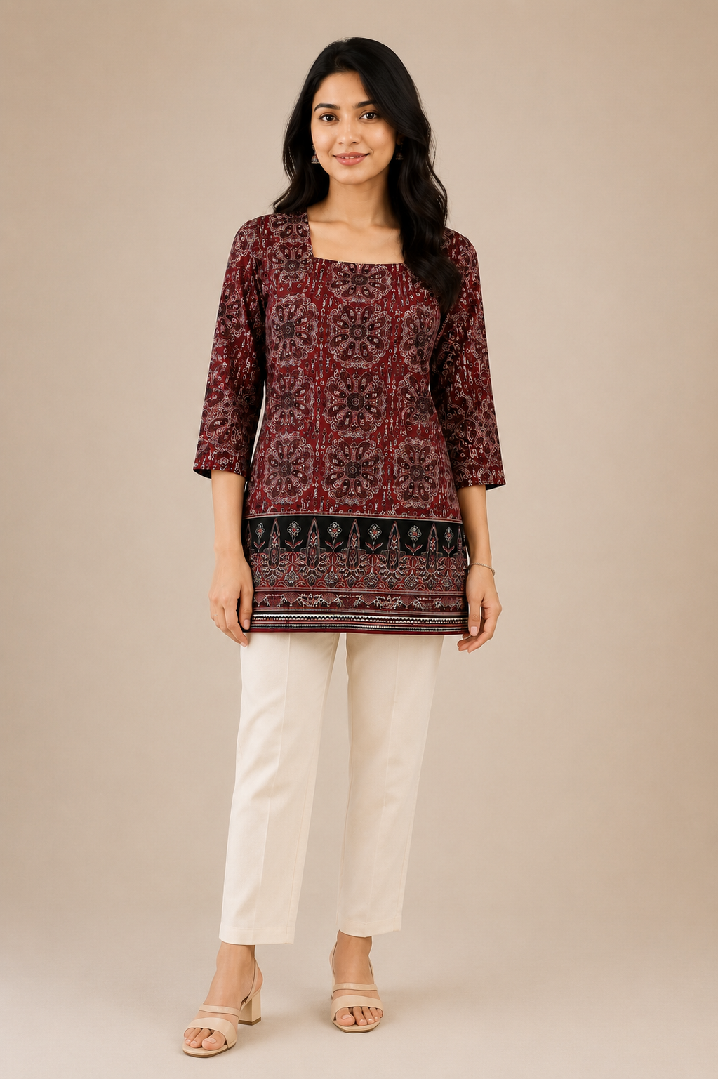 Maroon Printed Square Neck Short Kurti | Ethnic Casual Tunic