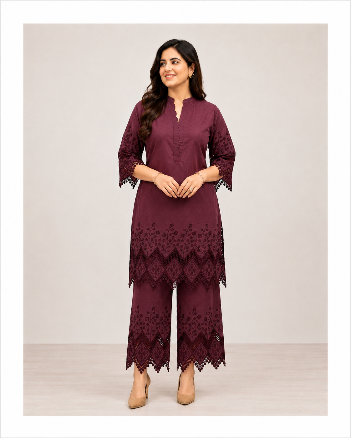 Wine Embroidered Co-ord Set