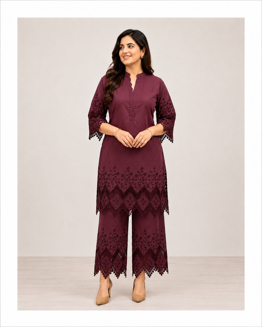 Wine Embroidered Co-ord Set