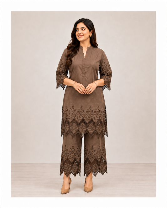 Taupe Brown Embroidered Co-ord Set