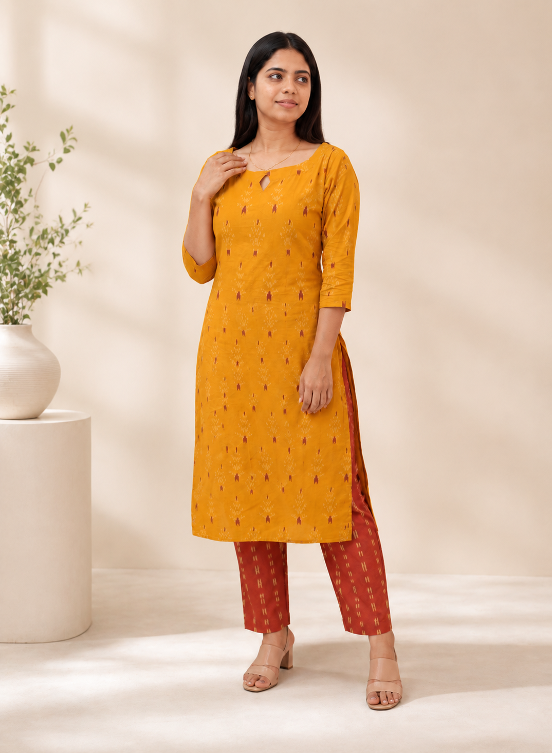 Mustard Yellow Ikat Print Kurta with Maroon Straight Pants Set