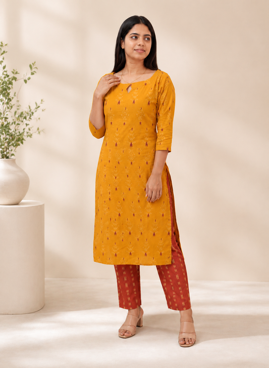 Mustard Yellow Ikat Print Kurta with Maroon Straight Pants Set