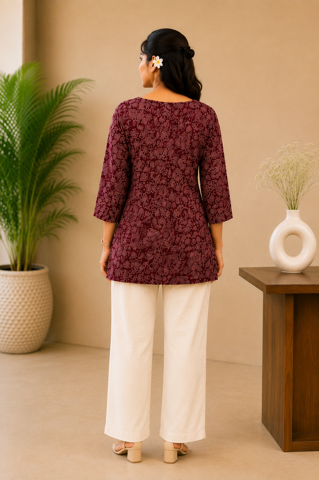 Maroon Printed V-Neck Short Kurti
