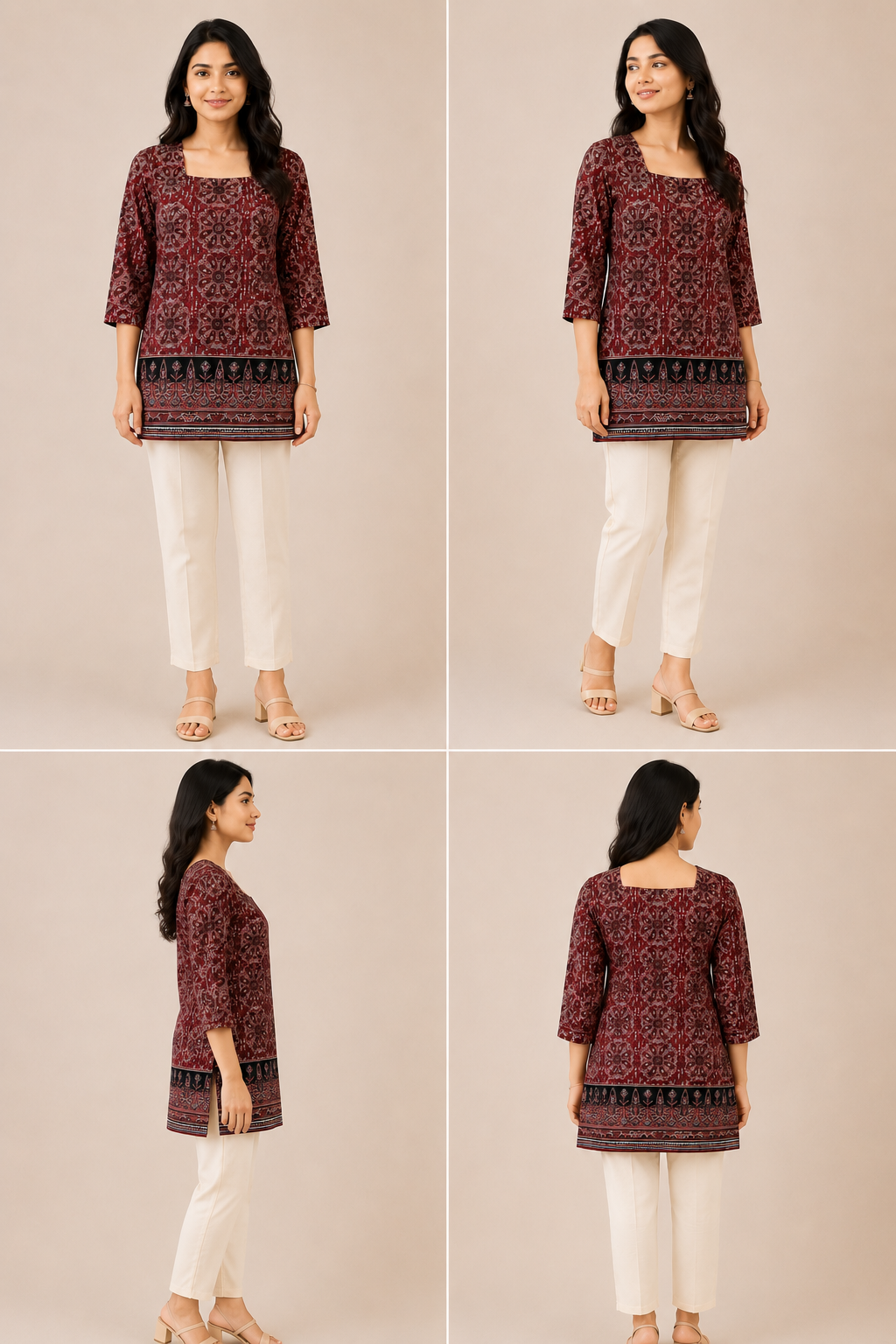 Maroon Printed Square Neck Short Kurti | Ethnic Casual Tunic