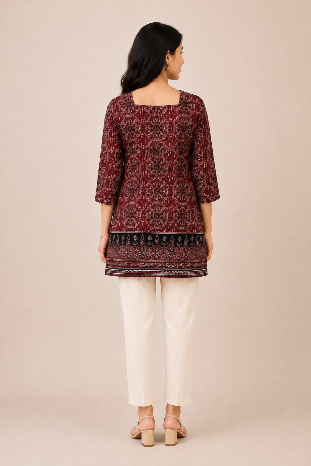 Maroon Printed Square Neck Short Kurti | Ethnic Casual Tunic