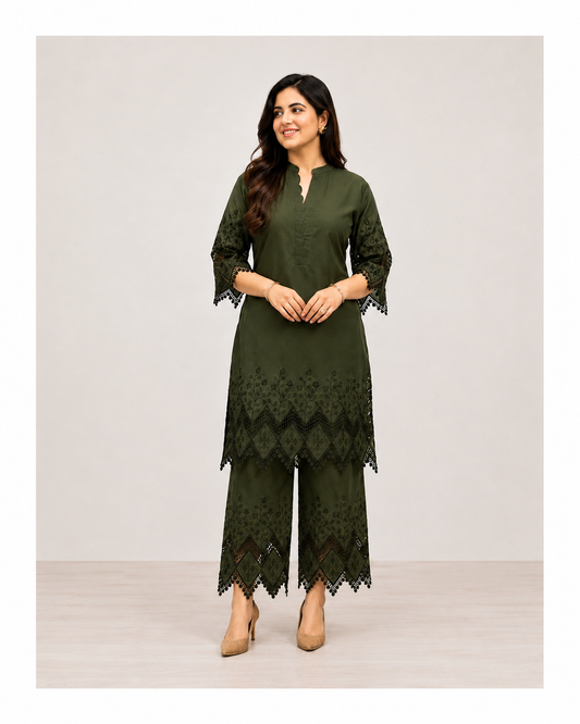 Olive Green Embroidered Co-ord Set