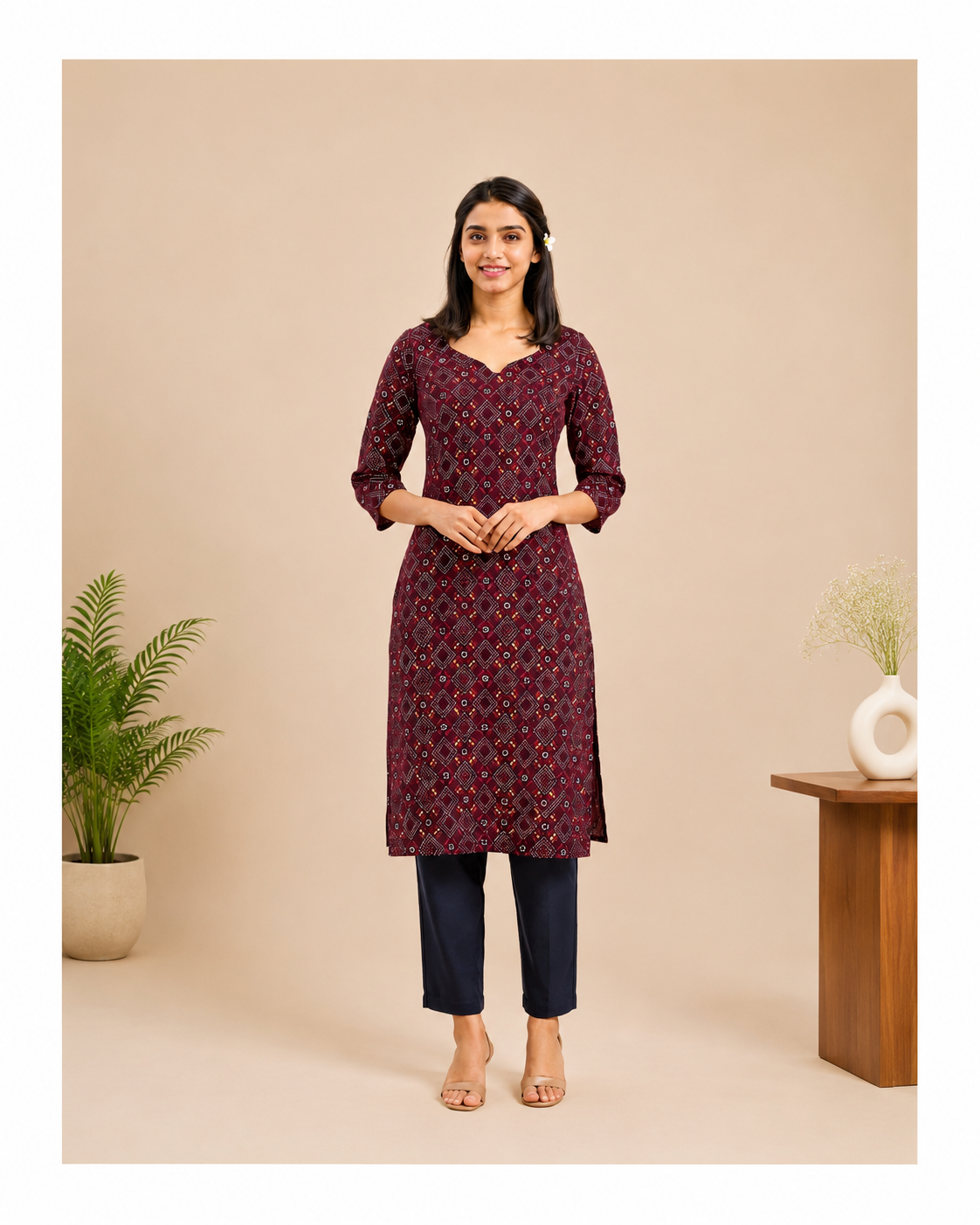 Women's Maroon Bandhani Print Straight Kurti