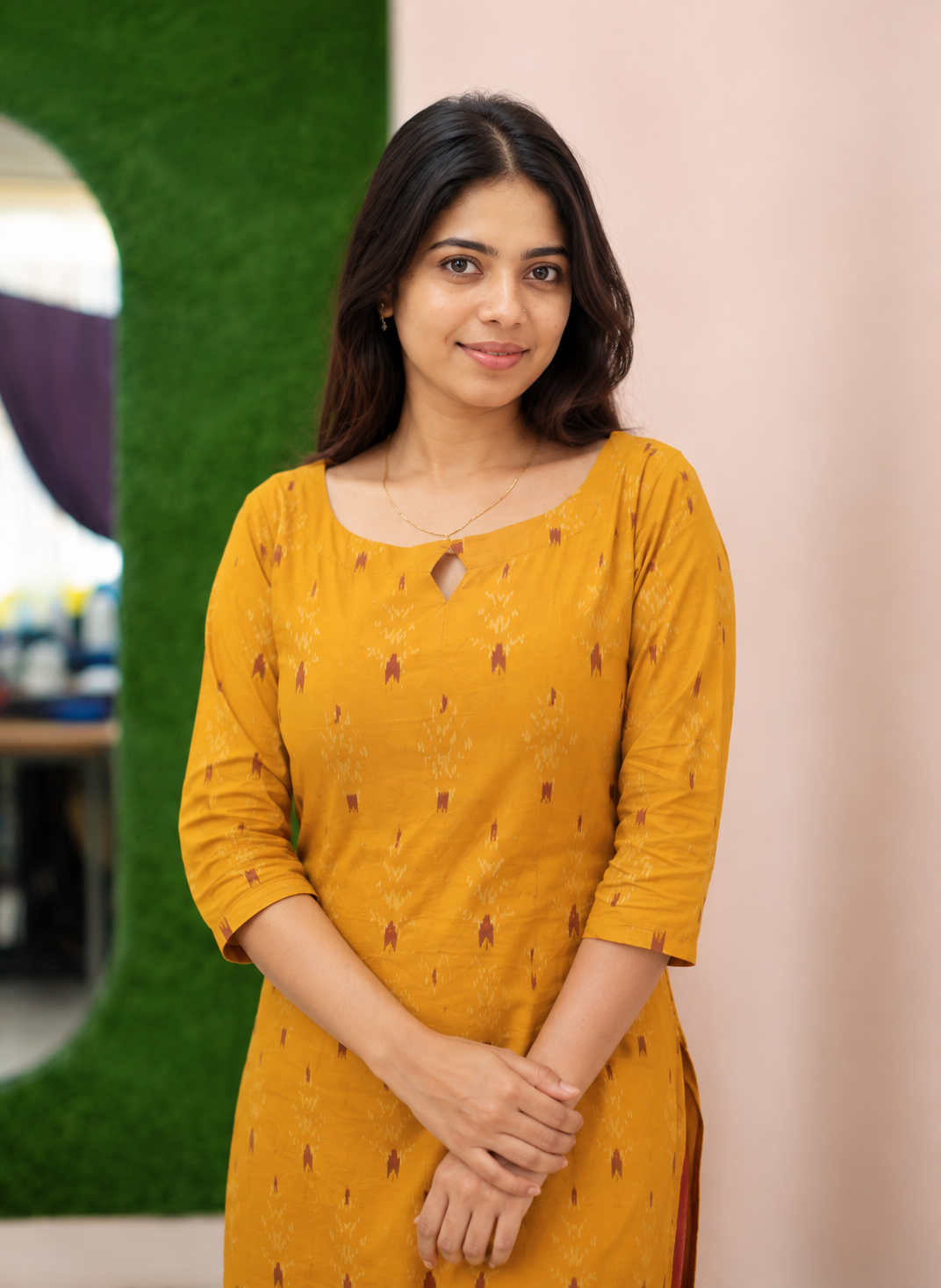 Mustard Yellow Ikat Print Kurta with Maroon Straight Pants Set