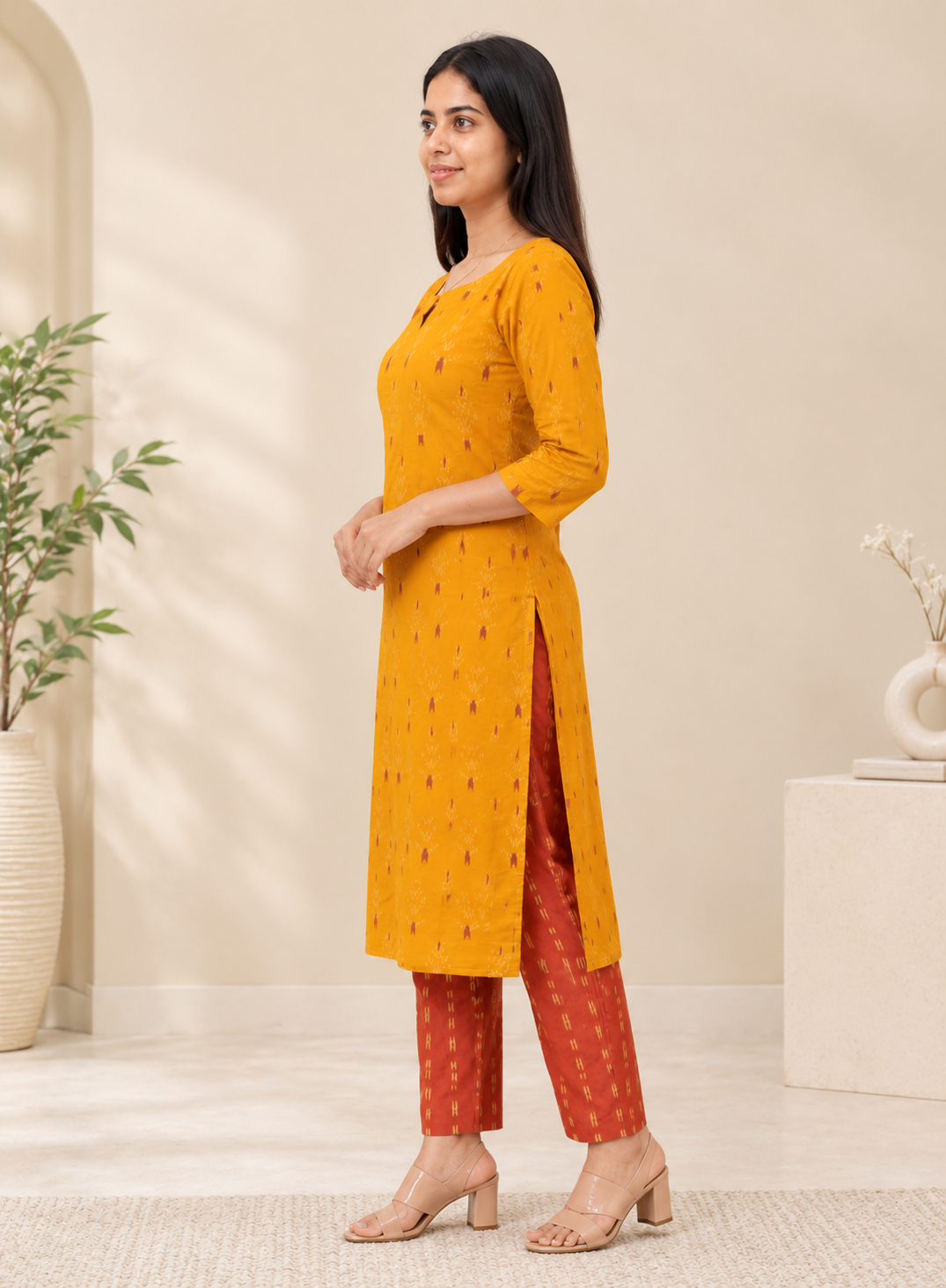 Mustard Yellow Ikat Print Kurta with Maroon Straight Pants Set