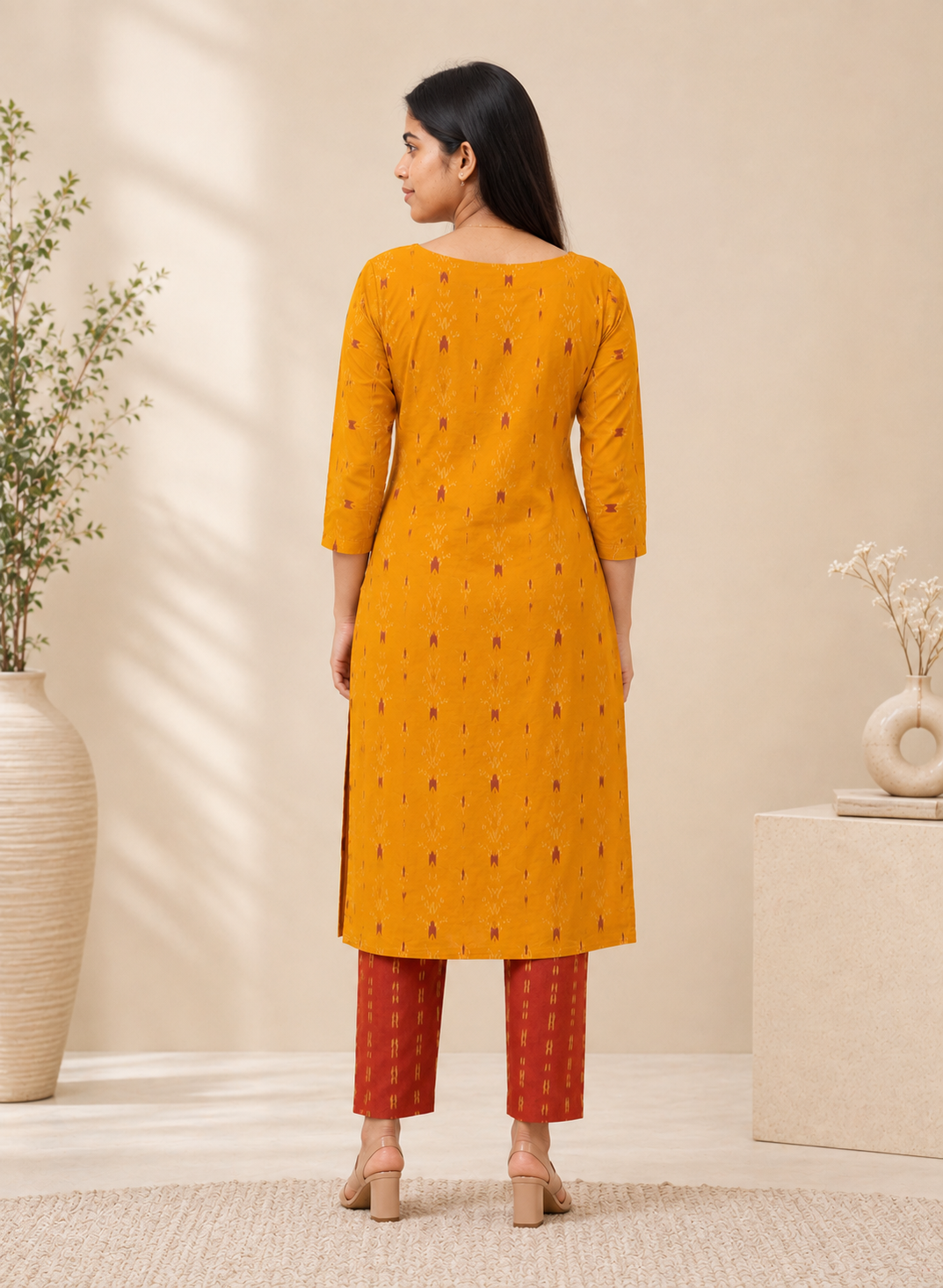 Mustard Yellow Ikat Print Kurta with Maroon Straight Pants Set