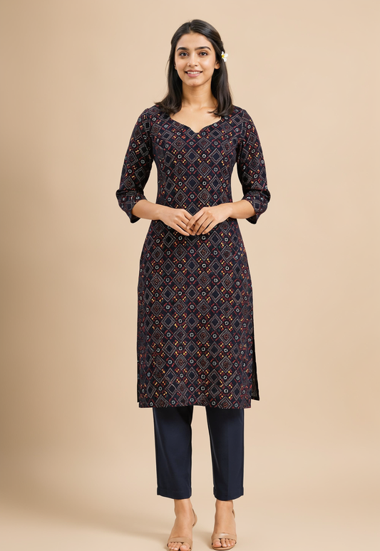 Women's Navy Blue Bandhani Print Straight Kurti