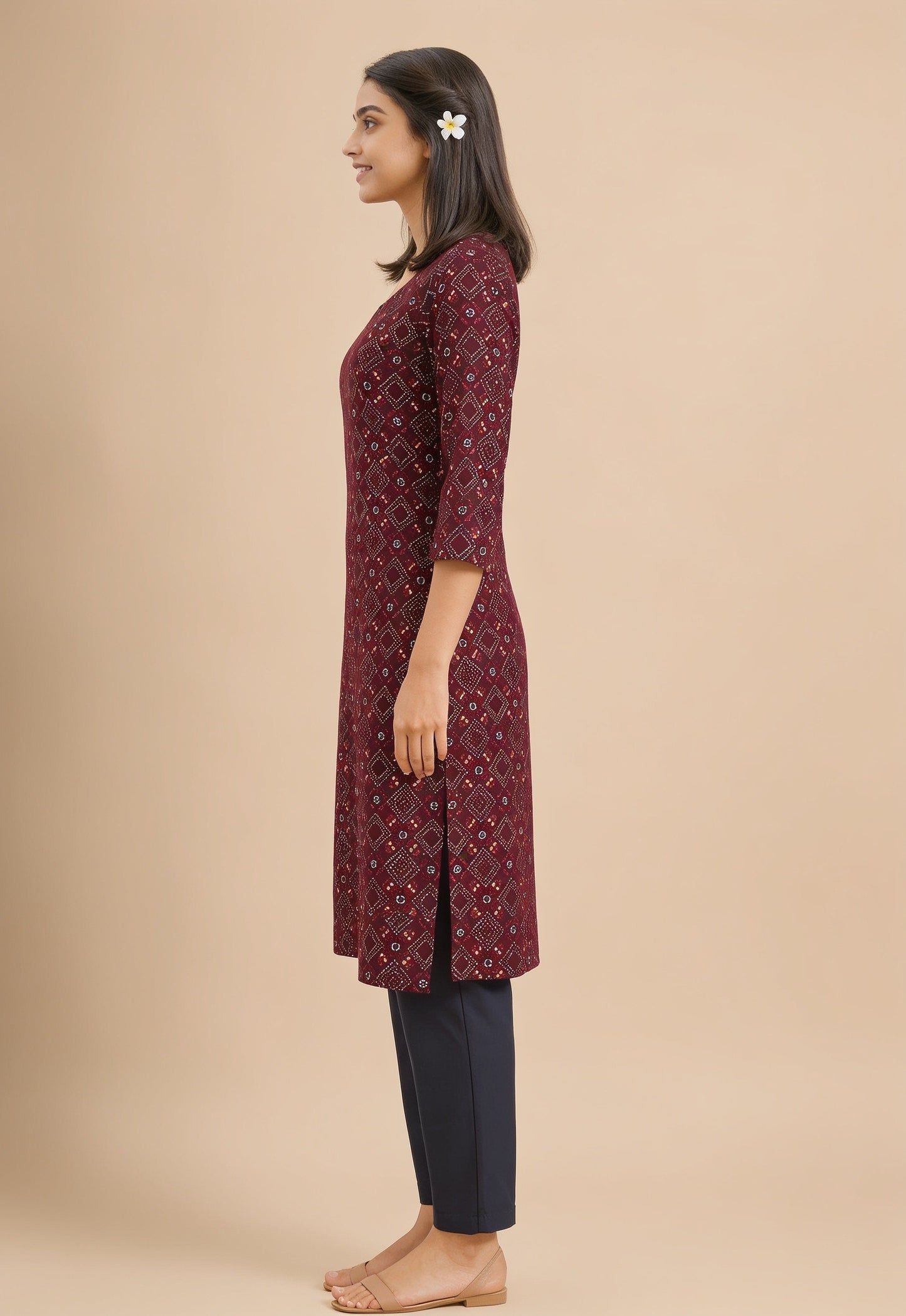 Women's Maroon Bandhani Print Straight Kurti