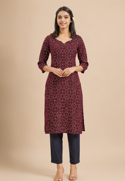 Women's Maroon Bandhani Print Straight Kurti